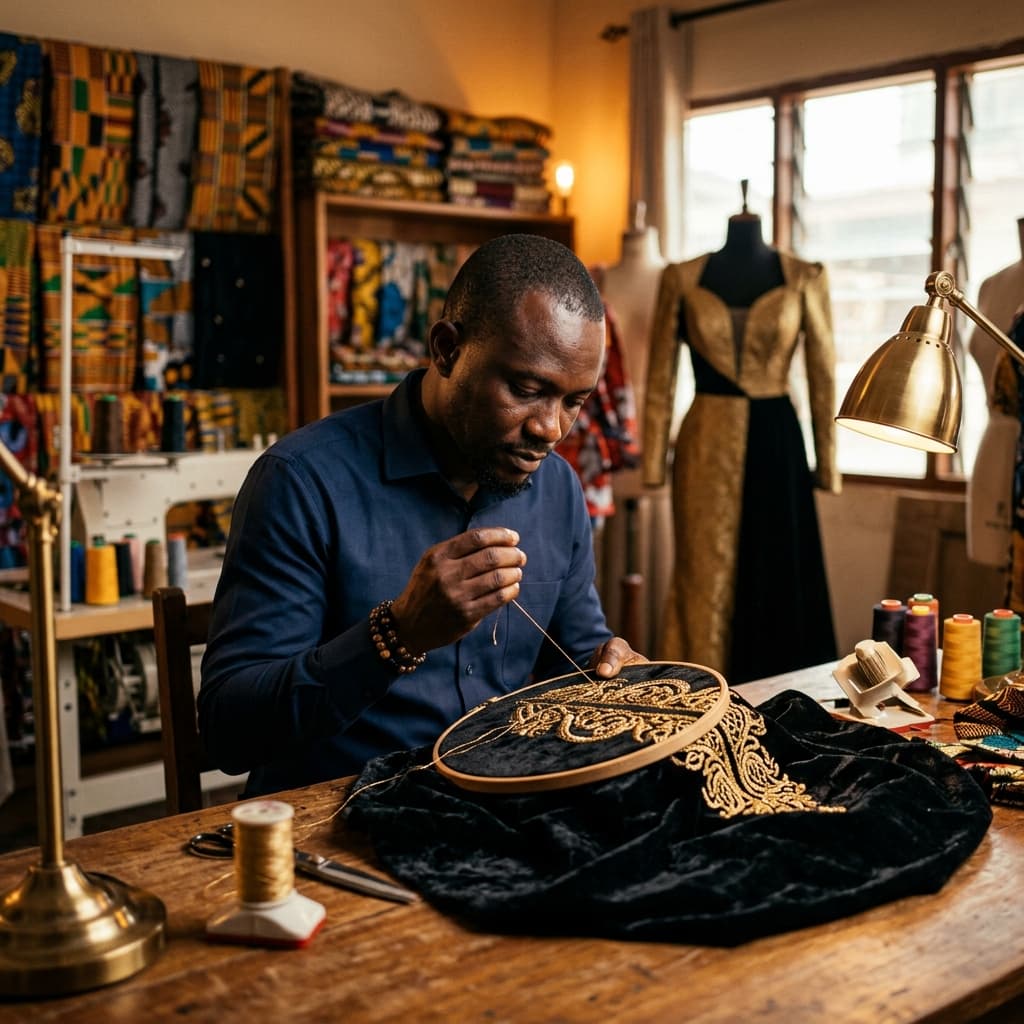 Heekings Apparel atelier — artisan crafting luxury African menswear